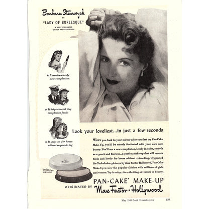 1943 Barbara Stanwyck Max Factor Hollywood Pan-Cake Makeup Original Ad 8x10 V4