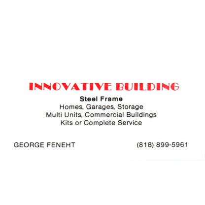 George Feneht Innovative Building Los Angele CA Vintage Business Card SD8-B4