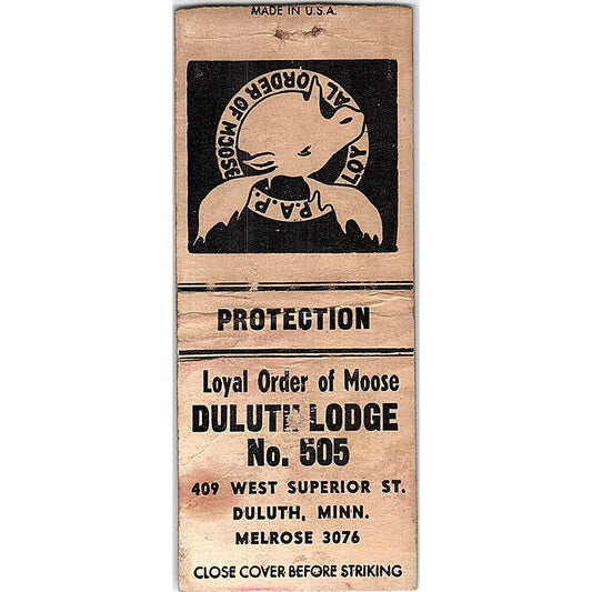 Loyal Order of Moose Lodge No. 505 Duluth MN Vintage Matchbook Cover SF3-Y1
