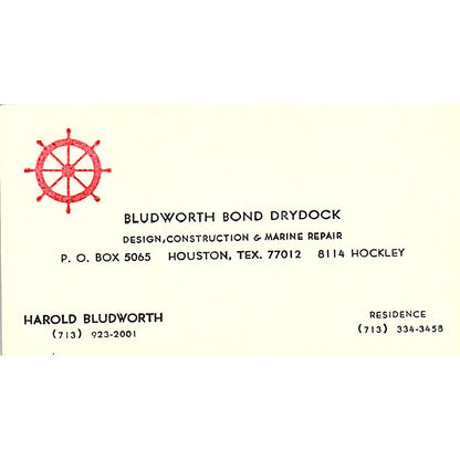Harold Bludworth Bond Drydock Houston Vintage Business Card SD9-B7