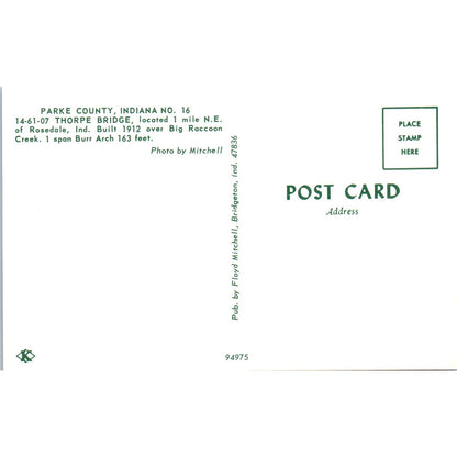 Thorpe Bridge Parke County Indiana #16 Covered Bridge Postcard PB10