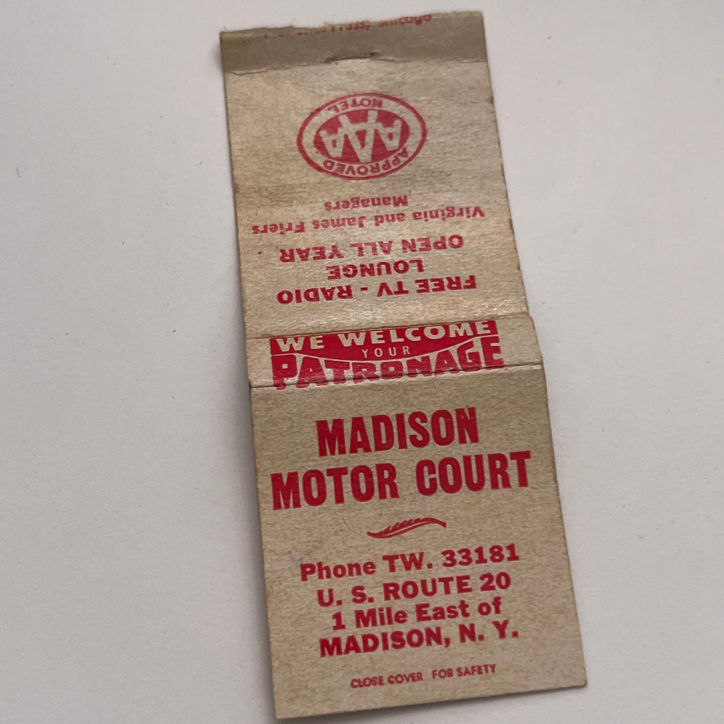 Madison Motor Court Madison NY Vintage Matchbook Cover MM2-7