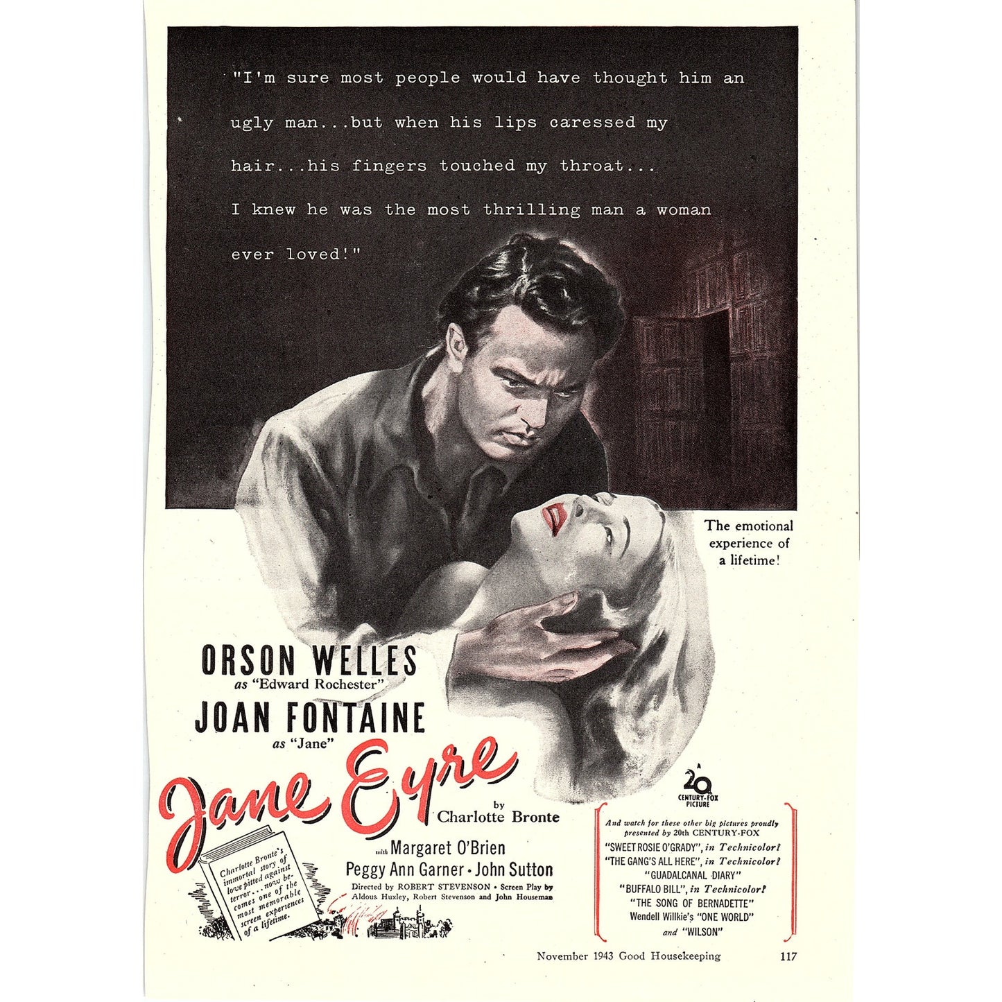 1943 Orson Welles Joan Fontaine Jane Eyre Motion Picture Vtg Magazine Ad 8x11 V9