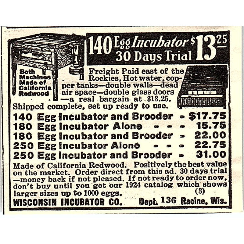 Wisconsin Incubator Co Egg Incubators Racine WI 1924 Ad AG3-S17