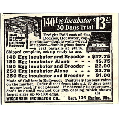 Wisconsin Incubator Co Egg Incubators Racine WI 1924 Ad AG3-S17