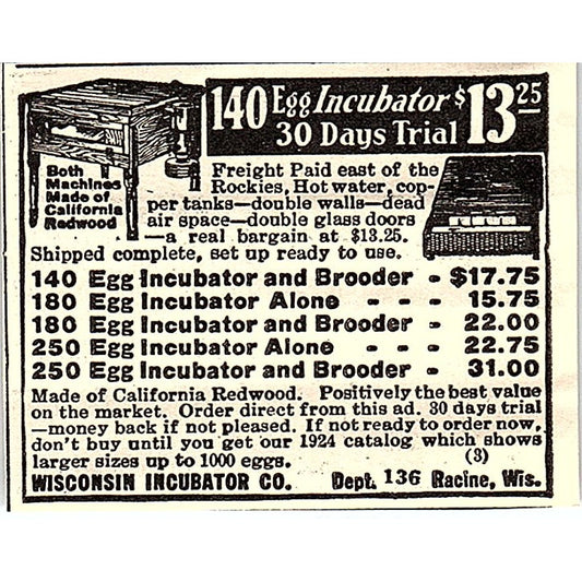 Wisconsin Incubator Co Egg Incubators Racine WI 1924 Ad AG3-S17