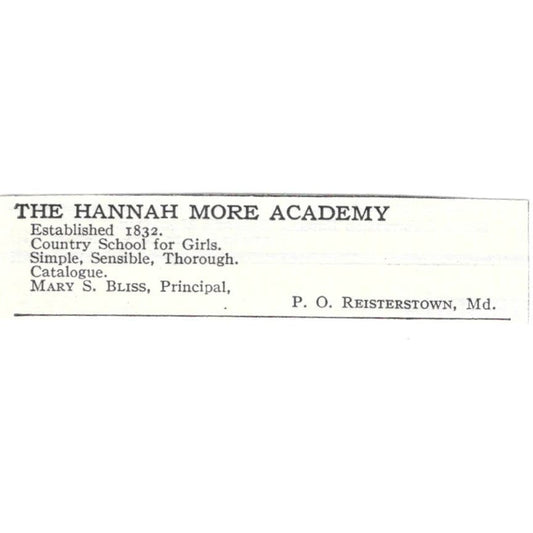 The Hannah More Academy Mary S. Bliss Reisterstown c1918 Advertisement AE5-SV3