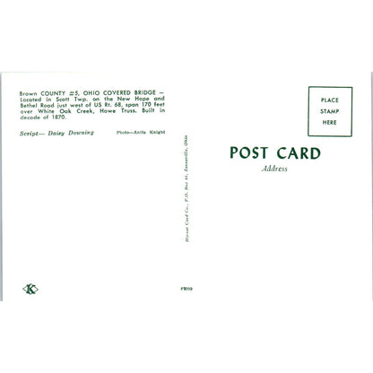 Brown County Ohio Scott Twp #5 Covered Bridge Postcard PB10