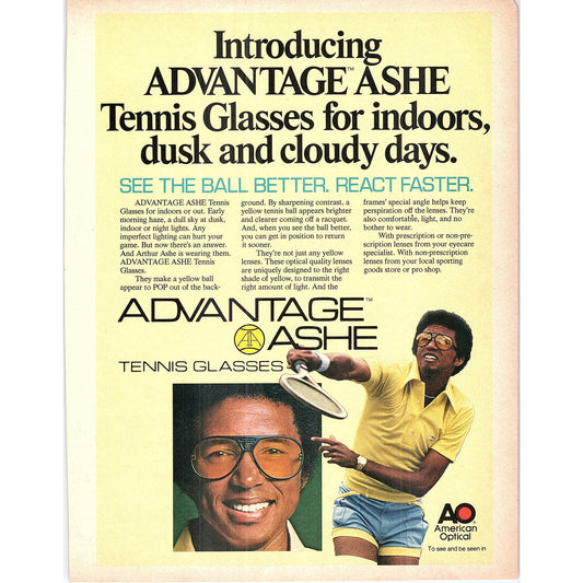 Advantage Ashe Tennis Glasses Arthur Ashe 1977 Ad AF3-5