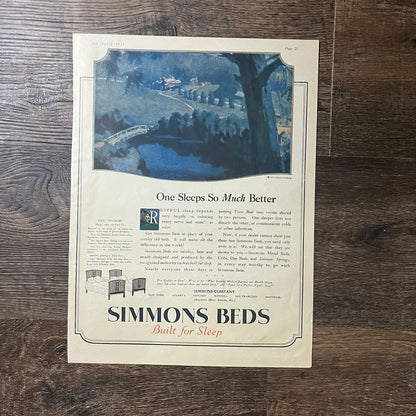 1921 Simmons Beds Built For Sleep Kenosha WI Vintage Magazine Ad 10x13 V9