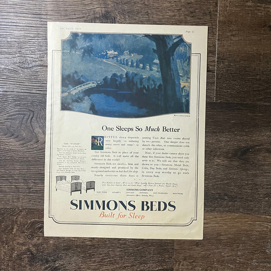 1921 Simmons Beds Built For Sleep Kenosha WI Vintage Magazine Ad 10x13 V9