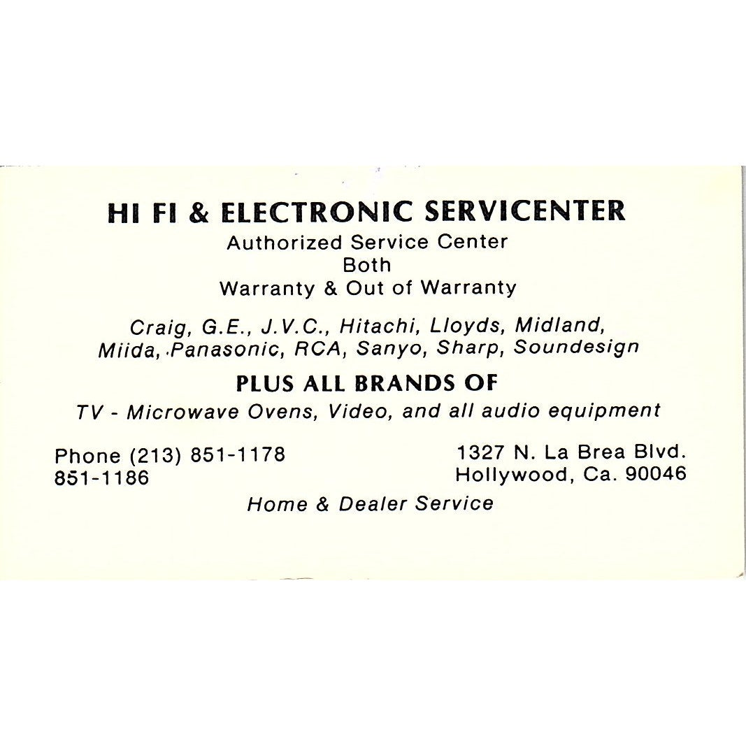 Hi Fi & Electronic Servicenter Craig G.E. Hollywood CA Business Card SF3-B7