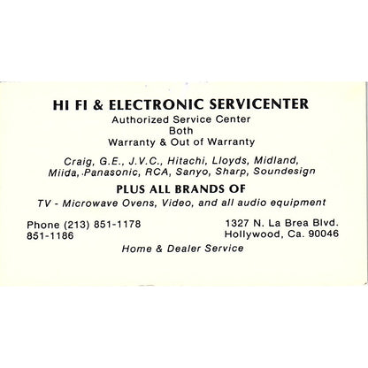 Hi Fi & Electronic Servicenter Craig G.E. Hollywood CA Business Card SF3-B7