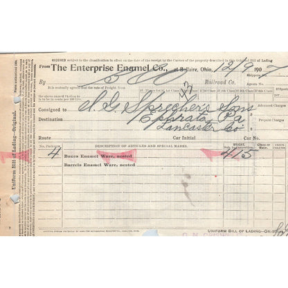 1907 The Enterprise Enamel Co Waybill Bellaire Letterhead Billhead Receipt D11