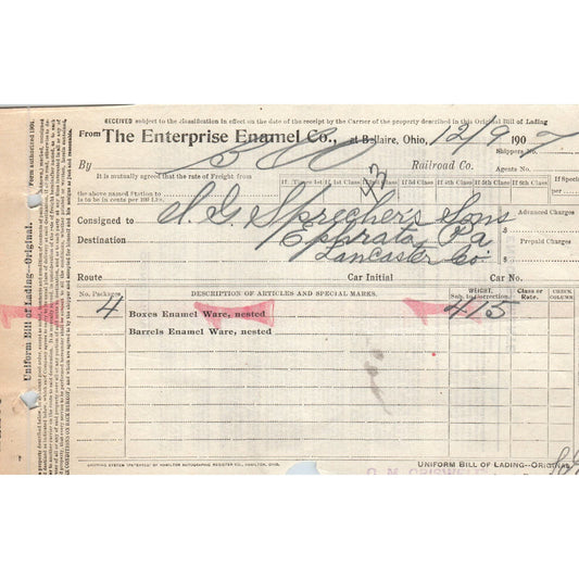 1907 The Enterprise Enamel Co Waybill Bellaire Letterhead Billhead Receipt D11