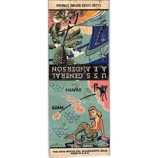 USS General A.E. Anderson Guam Hawaii Mermaid Pinup Vtg Matchbook Cover SF3-Y5