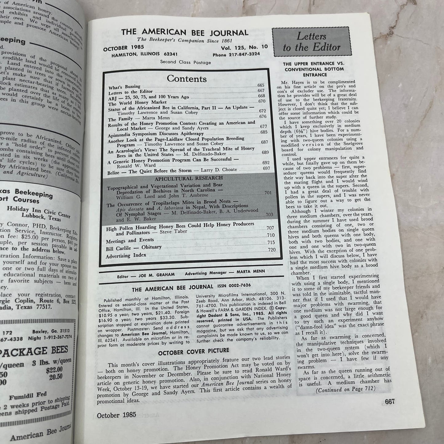 1985 Oct American Bee Journal Magazine Bees Beekeeping Honey M8