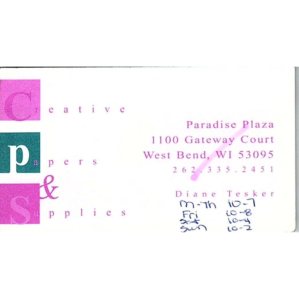 Diane Tesker Creative Papers & Supplies West Bend WI Vtg Business Card SC9-B10