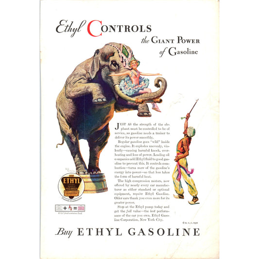 1932 Ethyl Gasoline Circus Elephant - Vintage Magazine Ad D18