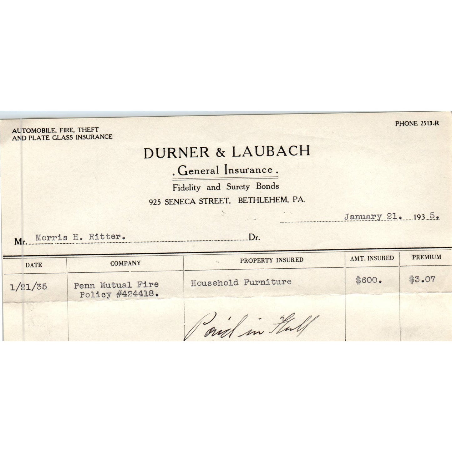 1935 Durner & Laubach Ins. Letterhead Billhead Bethlehem PA AE5