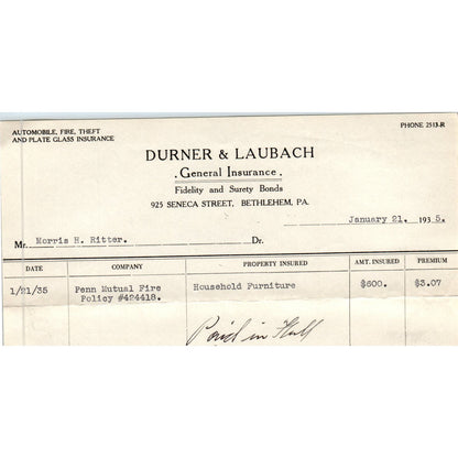 1935 Durner & Laubach Ins. Letterhead Billhead Bethlehem PA AE5