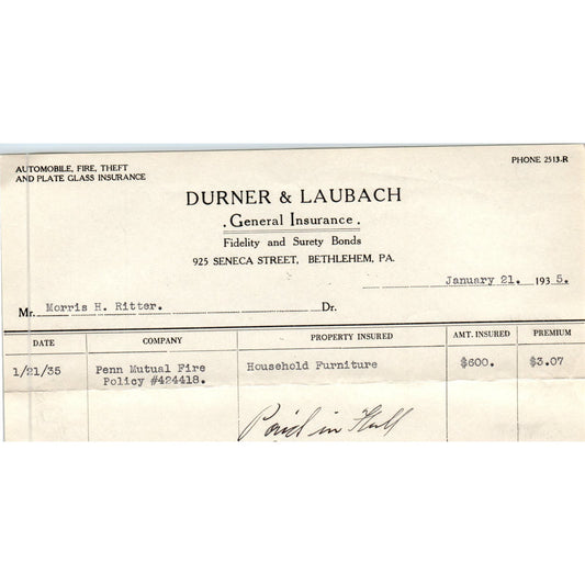 1935 Durner & Laubach Ins. Letterhead Billhead Bethlehem PA AE5