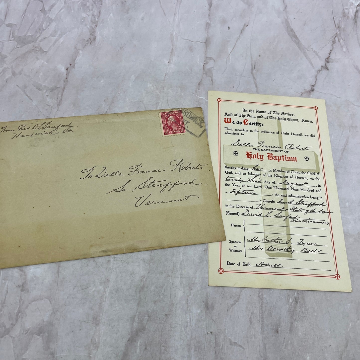 c1905 Baptism Certificate Della Frances Roberts South Strafford VT ML1-7