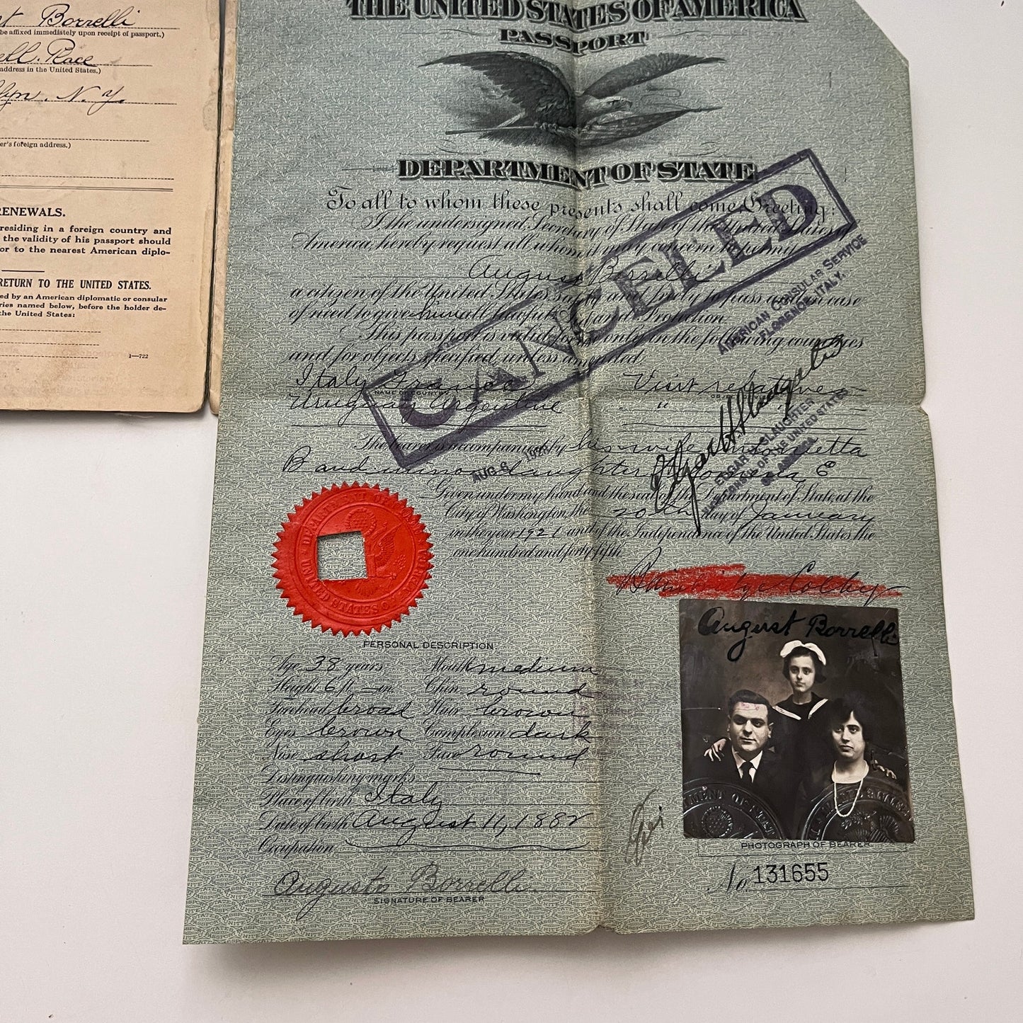 August Borrelli Brooklyn New York WWI Antique 1921 Passport TK3-CC1