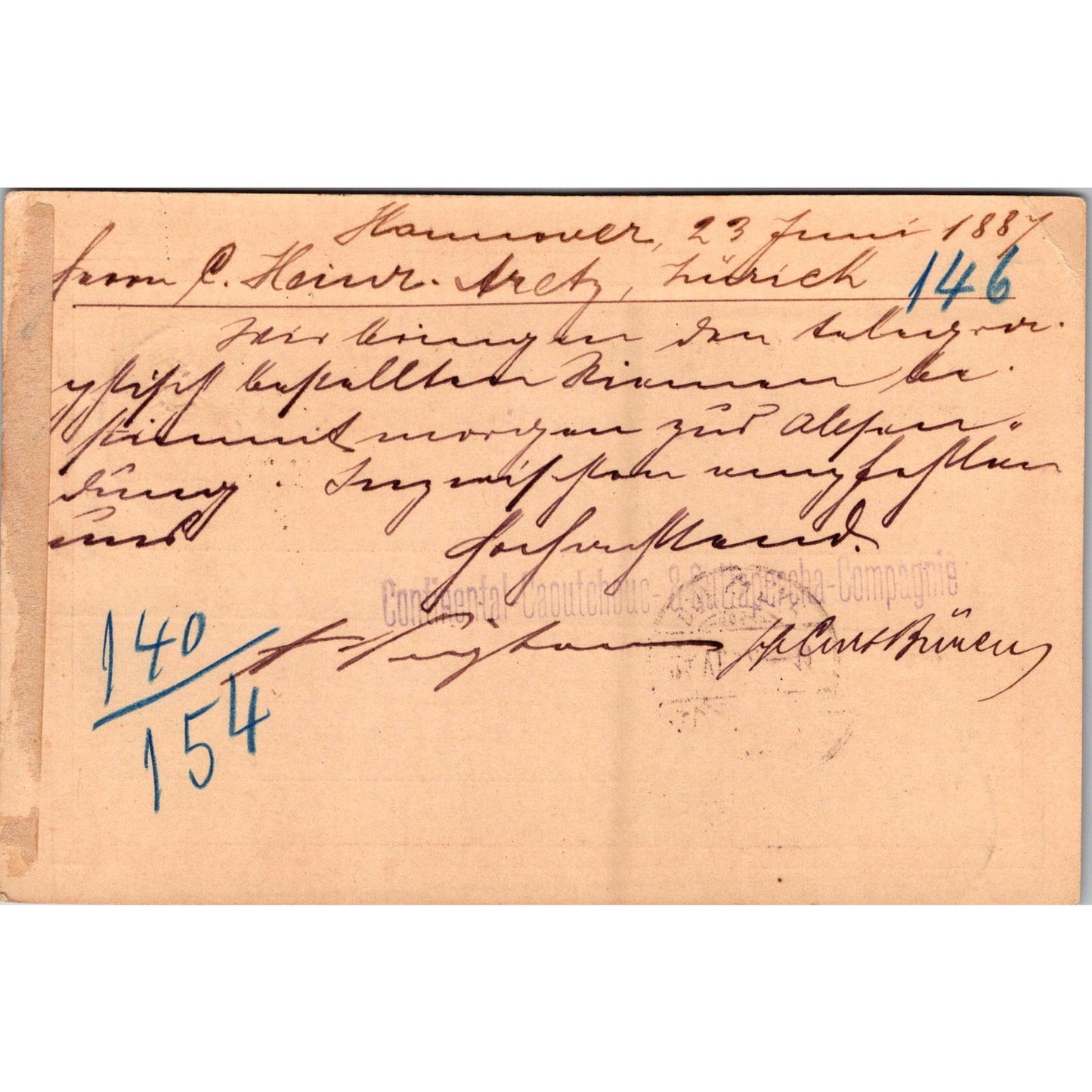 Zürich Hannover Continental Caoutchouc & Guttapercha 1887 Reich Postcard TE2-GRP