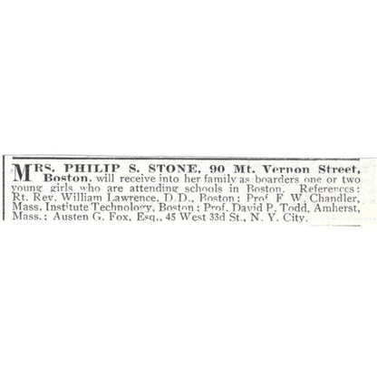 Mrs. Philip S. Stone Boarding House Boston c1918 Original Advertisement AE5-SV2