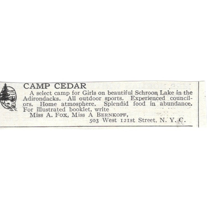 Camp Cedar New York NY Miss A. Fox Miss A. Bernkopf c1920 Harper's Ad AG4-S7