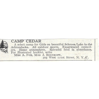 Camp Cedar New York NY Miss A. Fox Miss A. Bernkopf c1920 Harper's Ad AG4-S7
