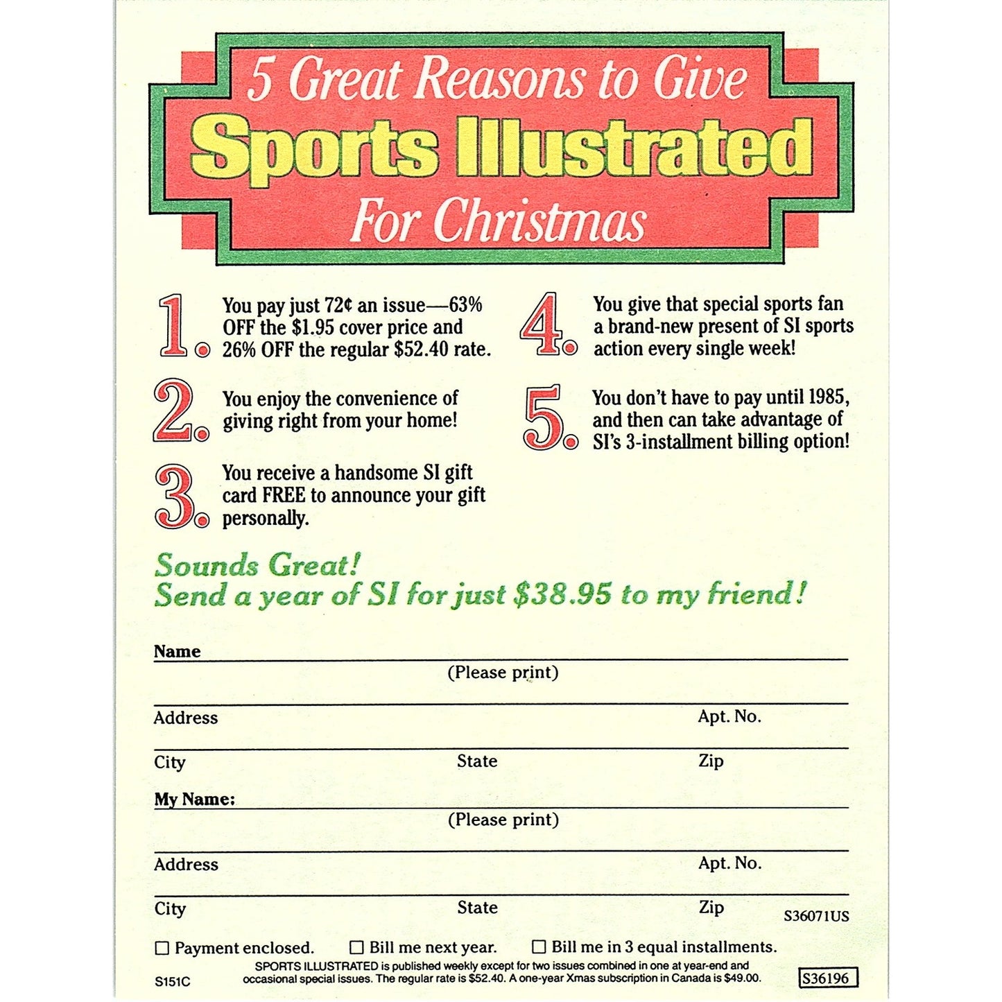 Sports Illustrated For Christmas Postal Mailing Card 1984 Ad AF8-H2