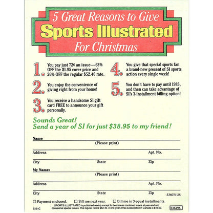 Sports Illustrated For Christmas Postal Mailing Card 1984 Ad AF8-H2