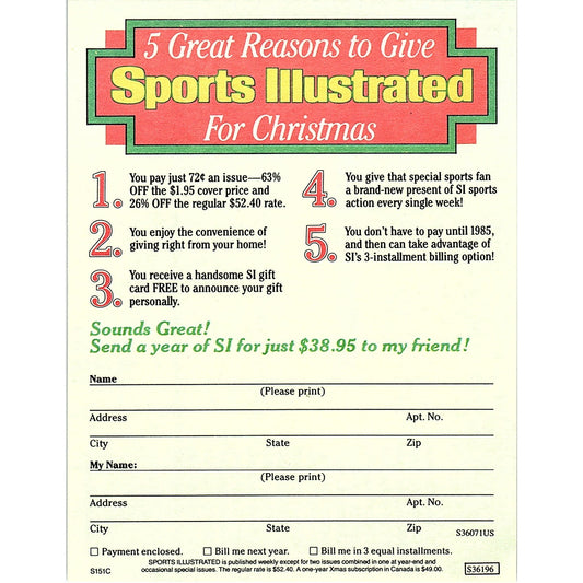Sports Illustrated For Christmas Postal Mailing Card 1984 Ad AF8-H2