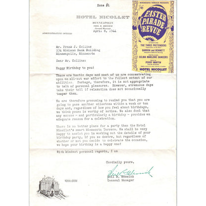 1944 Hotel Nicollet Letterhead Easter Parade Review Minneapolis MN D9