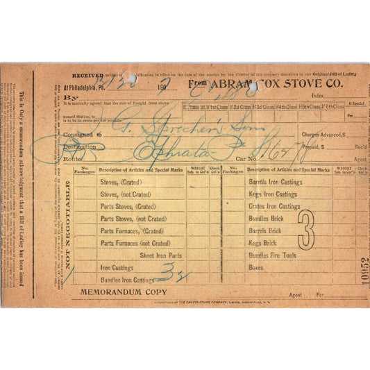 1907 Abram Cox Stove Co Philadelphia Billhead Receipt D11