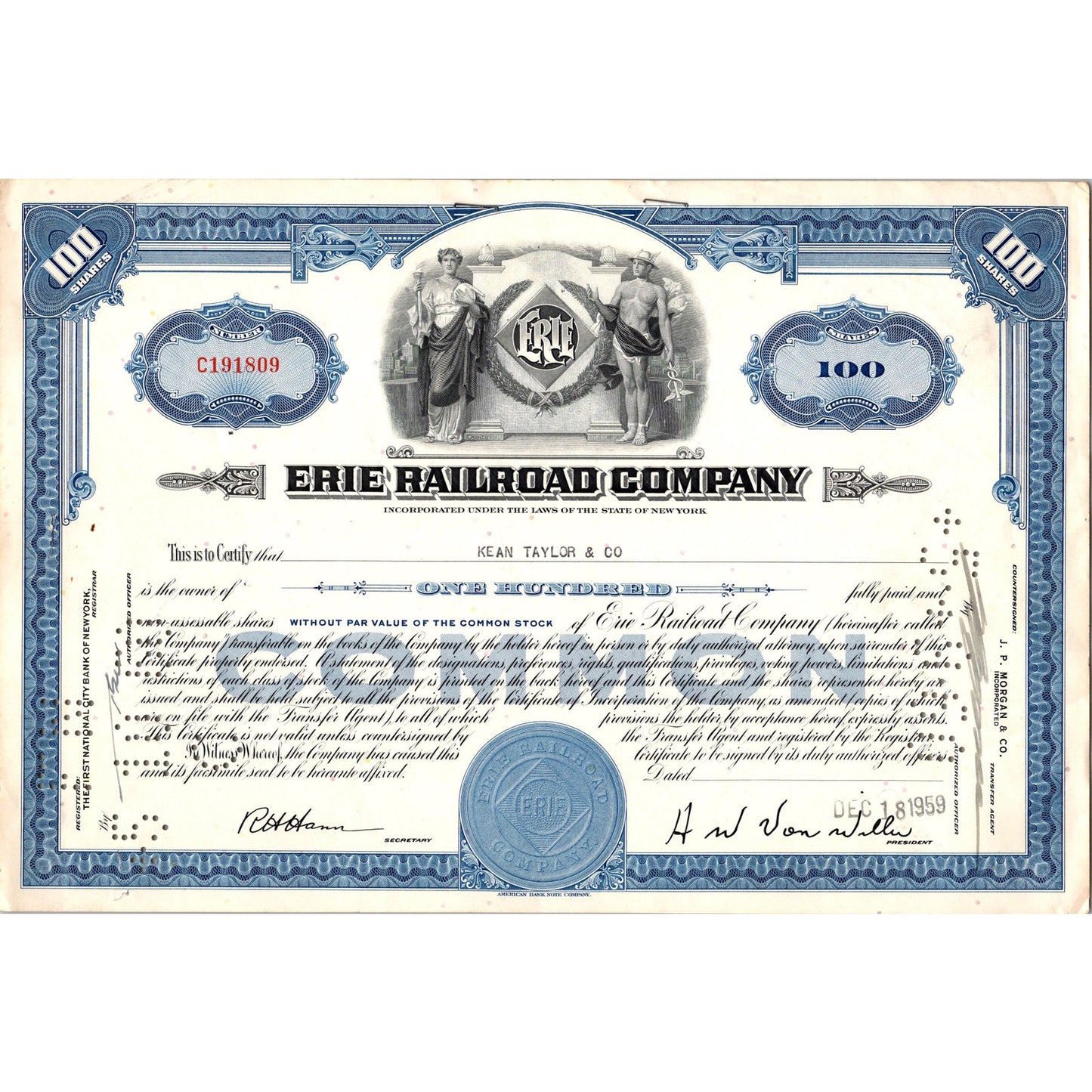Vintage 1959 Erie Railroad Company Stock Certificate Jean Taylor & Co C12