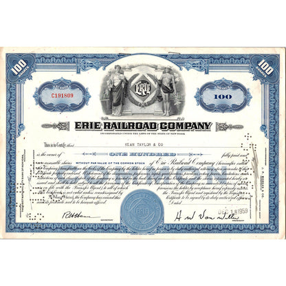 Vintage 1959 Erie Railroad Company Stock Certificate Jean Taylor & Co C12