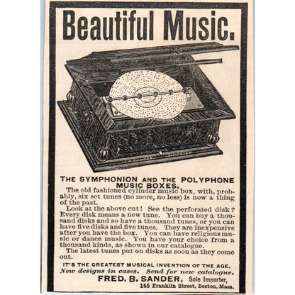 Fred B. Sander Symphonion and Polyphone Music Boxes 1892 Magazine Ad AB6-3