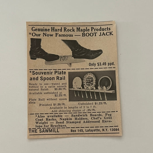 The Sawmill Boot Jack Souvenir Plate Lafayette NY 1971 Magazine Ad SAG4-S15