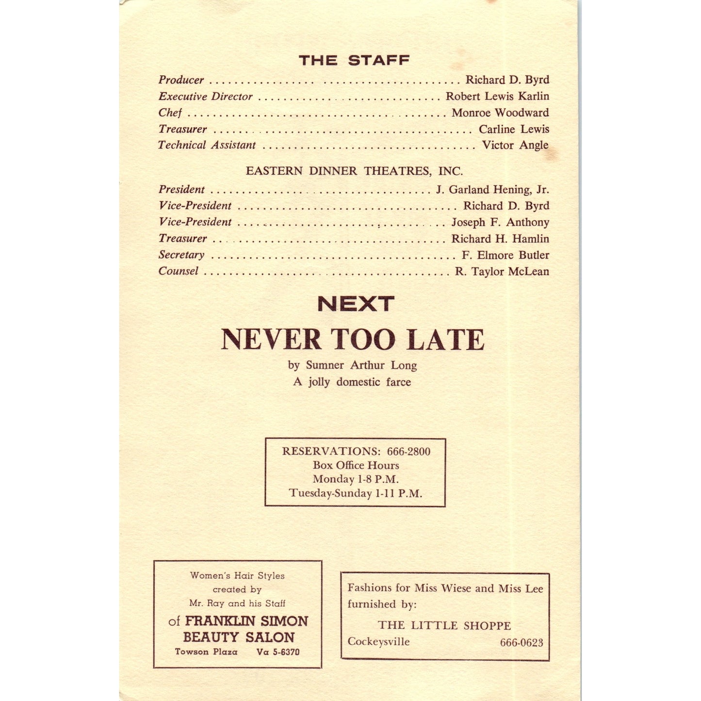 1967 Oregon Ridge Dinner Theatre Program - Catch Me if You Can Baltimore TH9-SX2