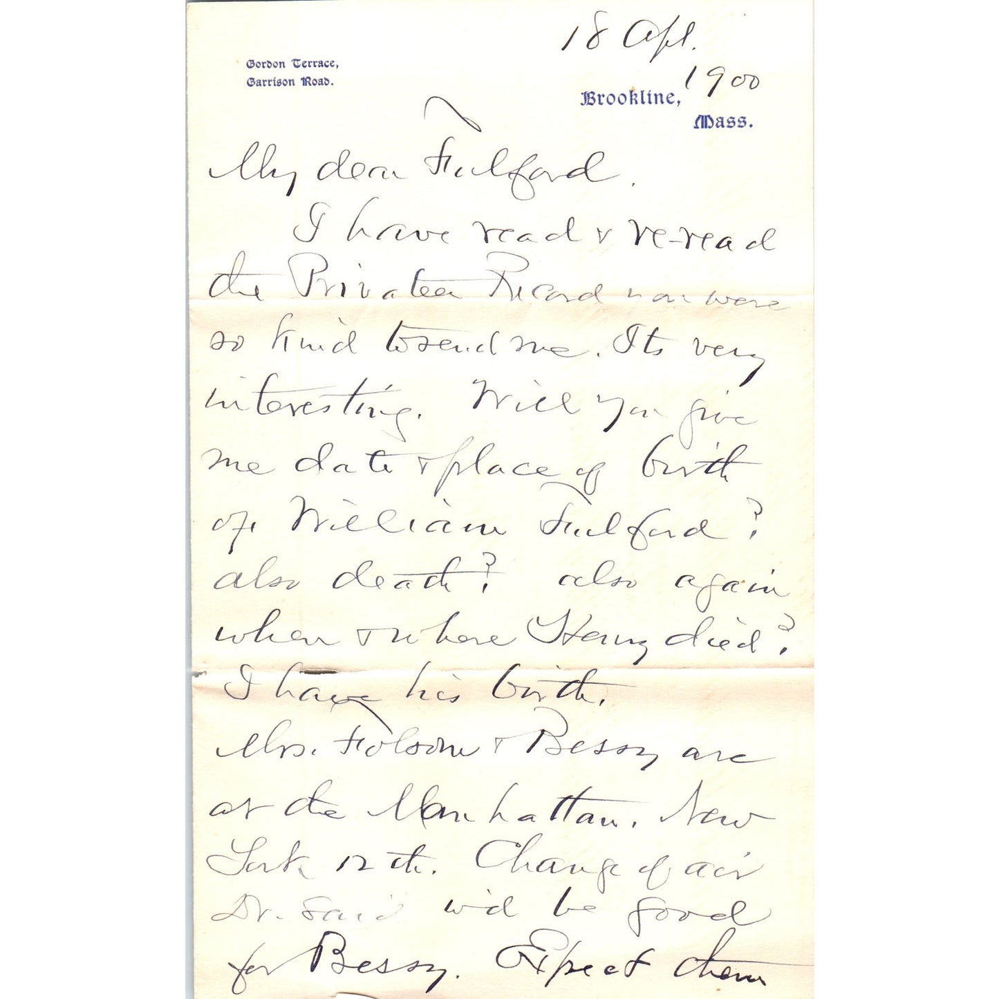 1900 Handwritten Letter Gordon Terrace Brookline MA - A.A. Filson D20