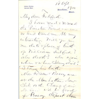 1900 Handwritten Letter Gordon Terrace Brookline MA - A.A. Filson D20
