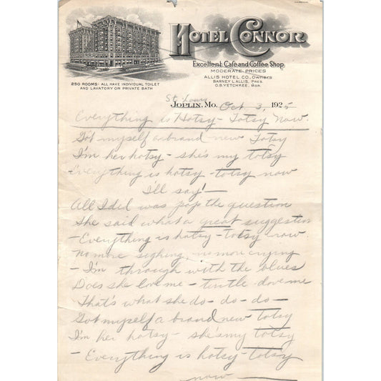 c1920 Hotel Connor Joplin MO Letterhead Handwritten Letter AE4