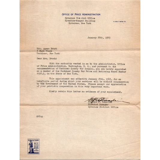 1943 WWII Office of Price Administration Appointment Letter Agnes Brush J15