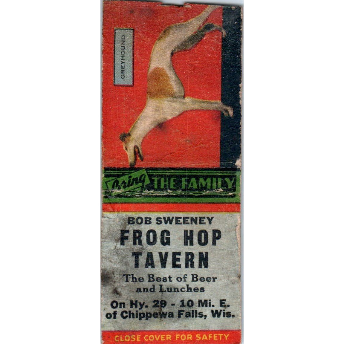 Bob Sweeney Frog Hop Tavern Chippewa Falls WI Vintage Matchbook Cover SD4-Y6