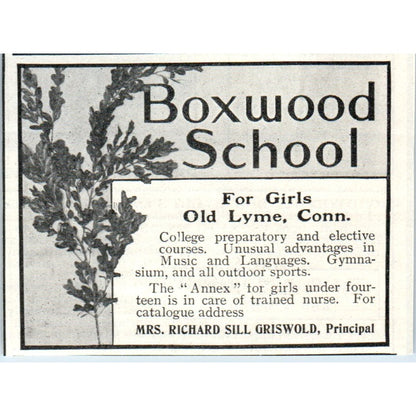 Boxwood Girls School Old Lyme CT Mrs. Richard Sill Griswold 1903 Ad AF7-E4