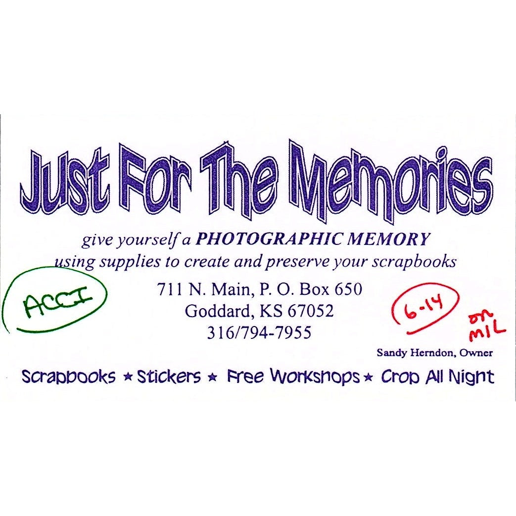 Just for the Memories Scrapbooks Sandy Herndon Goddard KS Business Card SC9-B8
