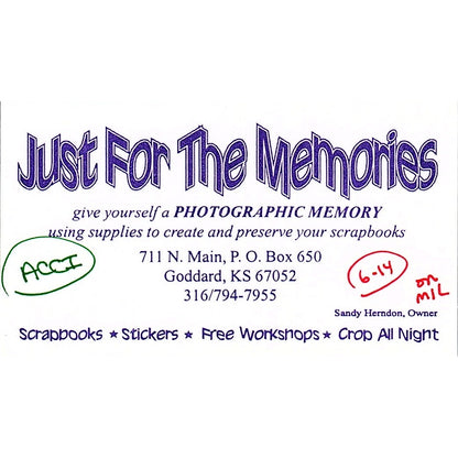 Just for the Memories Scrapbooks Sandy Herndon Goddard KS Business Card SC9-B8